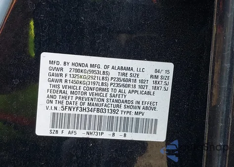 2015 Honda Pilot Se from USA, damaged, VIN 5FNYF3H34FB031392